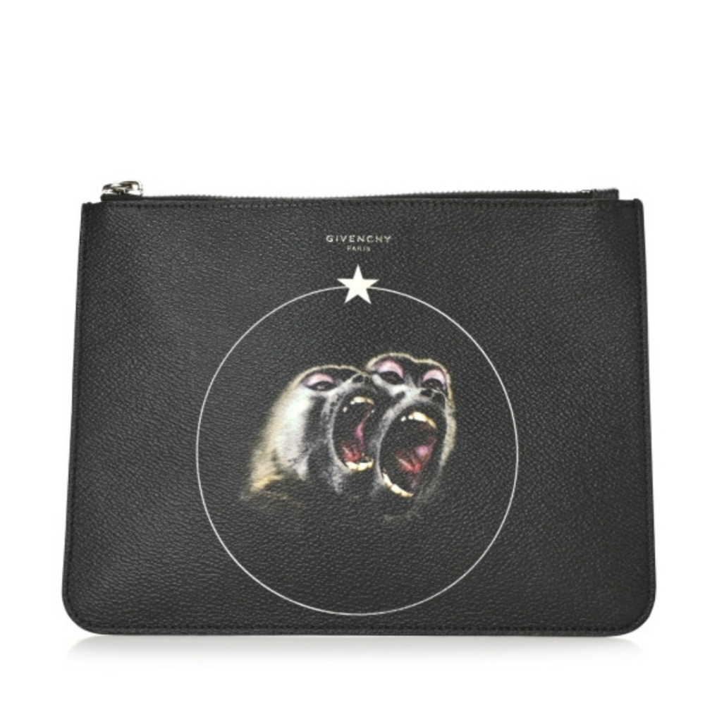 🌞GIVENCHY Coated Canvas Monkey Brother Print Large Zip Pouch Black